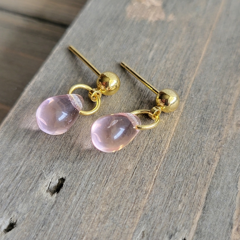 18k Gold Lilac Pink Teardrop Earrings- Handmade Earrings- Pink Earrings- Stone E